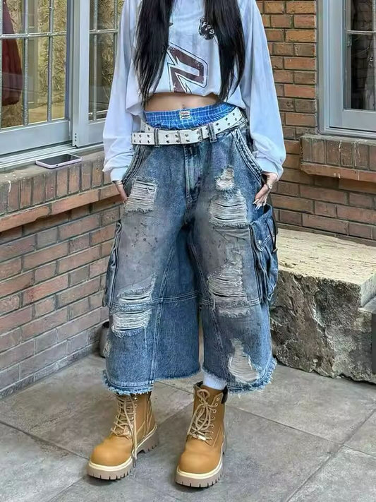 2025 American Vintage Old Baggy Slim Machete Denim Shorts Female Y2K Harajuku Hot Girl Washed Hole Denim Cropped Pants Tide