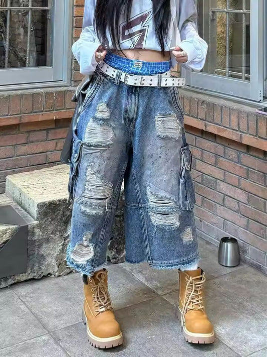 2025 American Vintage Old Baggy Slim Machete Denim Shorts Female Y2K Harajuku Hot Girl Washed Hole Denim Cropped Pants Tide