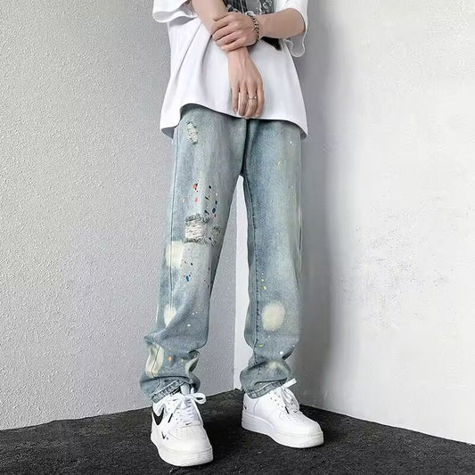 Men's Splashing ink Ripped Baggy Jeans 2024 New Hip Hop Fashion Graffiti Holed Straight-leg Denim Pants Y2k Streetwear Jean