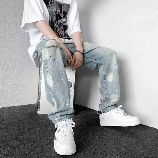 Men's Splashing ink Ripped Baggy Jeans 2024 New Hip Hop Fashion Graffiti Holed Straight-leg Denim Pants Y2k Streetwear Jean